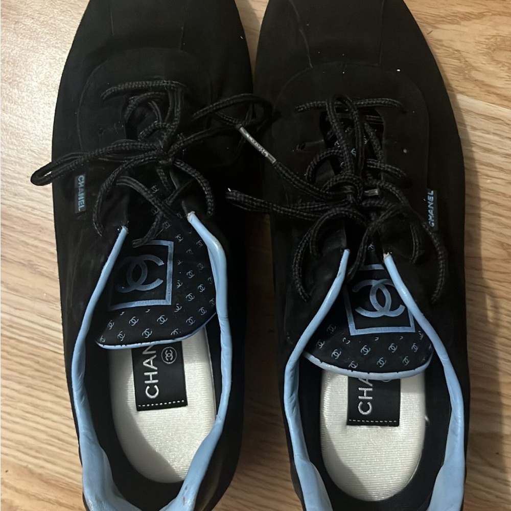 CHANEL Black Sneakers with Light Blue Trim